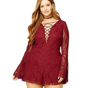 Forever21+  Burgundy Lace  Lace Up Front Romper